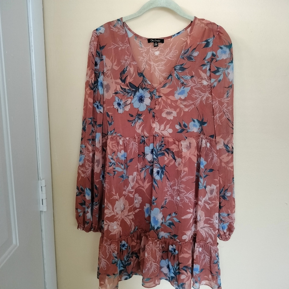 City Studio Lined Floral Brown Blue Babydoll Mini Dress M Vacation Boho Airy